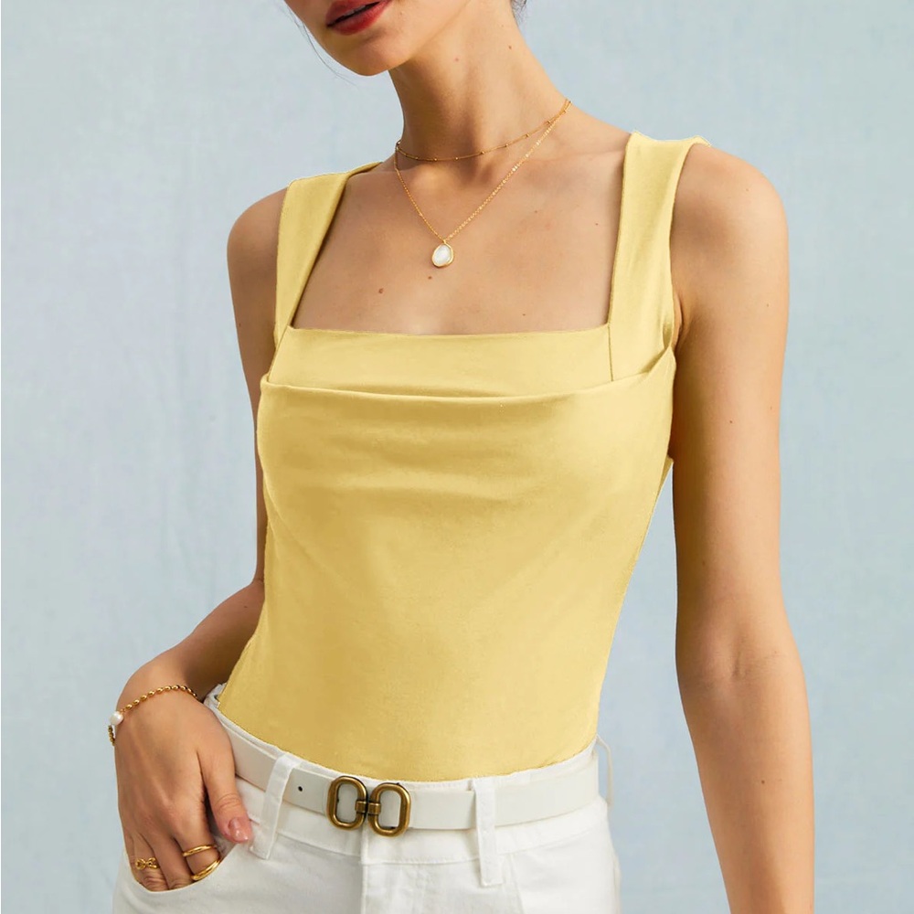 Rihoas Yellow Square Neck Ruched Tank Top